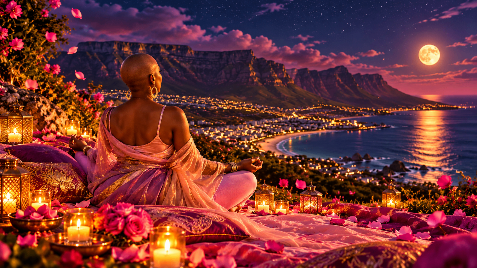 Rose meditating by candlelight under a full moon above the city lights