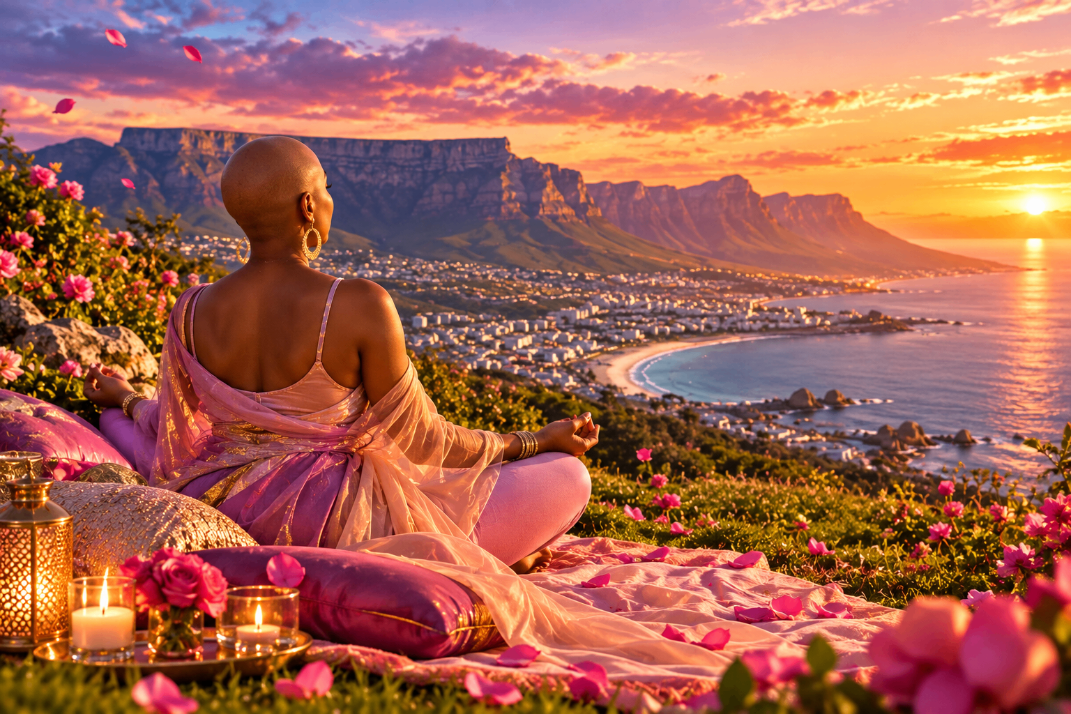 Rose meditating on a hillside of roses at golden sunset, overlooking the sea
